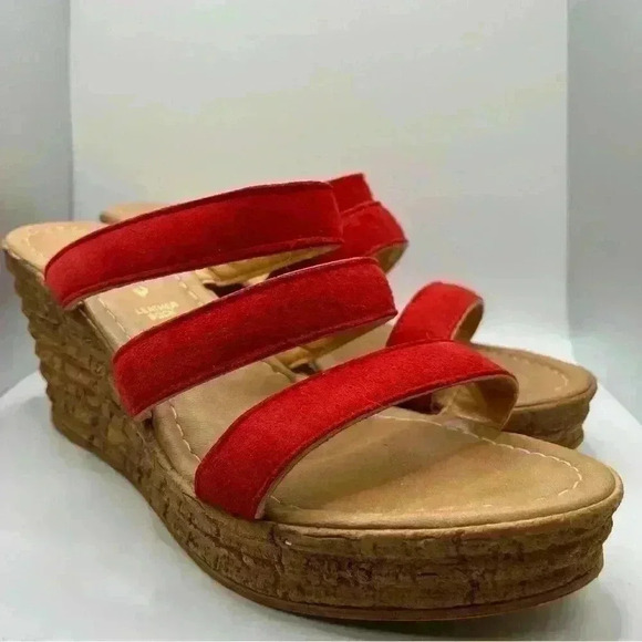 Mariella Beige Slide Wedge‎ Platform Red Straps Women Size 9 SKU #4590 - Picture 1 of 10